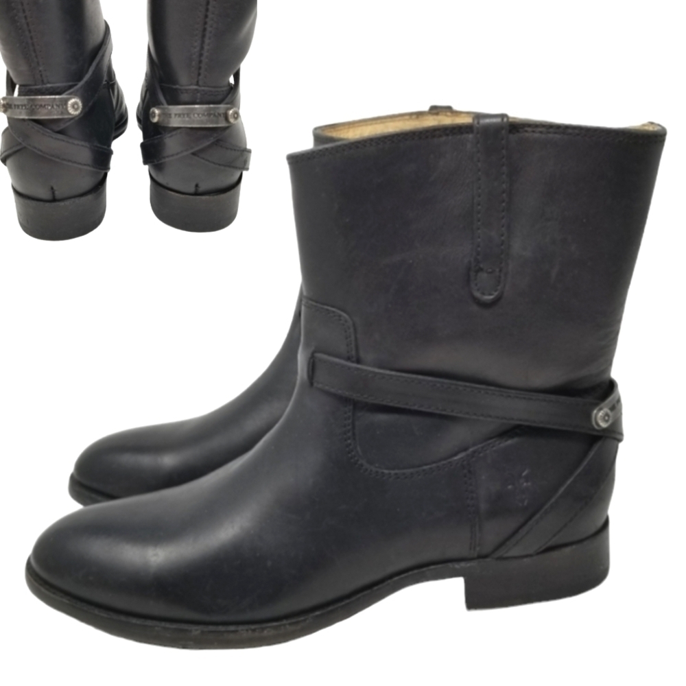 Frye Womens Lindsay Plate Short Boots Black Leather Moto Size 6.5 Straps Pull On